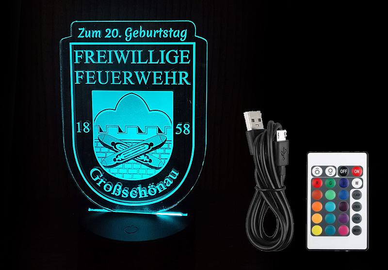 LED-Nachtlicht - Individuelles LED-Nachtlicht mit eigenem Foto oder Motiv
Genießen Sie ein selbst gestaltetes LED-Nachtlicht mit Foto oder Motiv in Acryl gelasert bei wechselnden Farben, oder einer Wunschfarbe. Im Lieferumfang sind Lampensockel, Fernbedienung und ein USB-Kabel enthalten. Sie können zwischen 7 Lichtfarben per Fernbedienung oder per touch auf das Gerät auswählen. Die Lampe können Sie auch mit AA-Batterien betreiben (diese sind bei Lieferung nicht enthalten).
Bei der Gestaltung sind wir Ihnen gern behilflich.